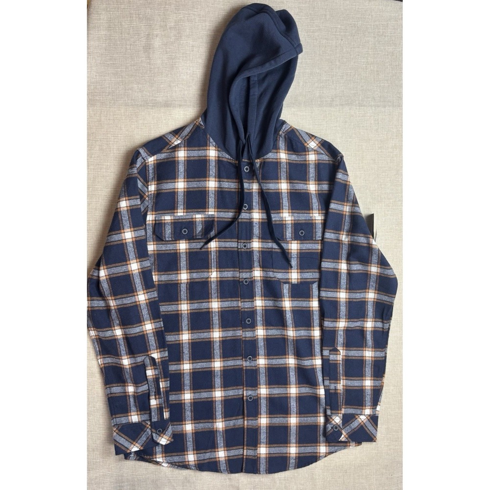 Burnside‎ Hooded Flannel Shirt Mens Medium Plaid Button Up Blue Orange